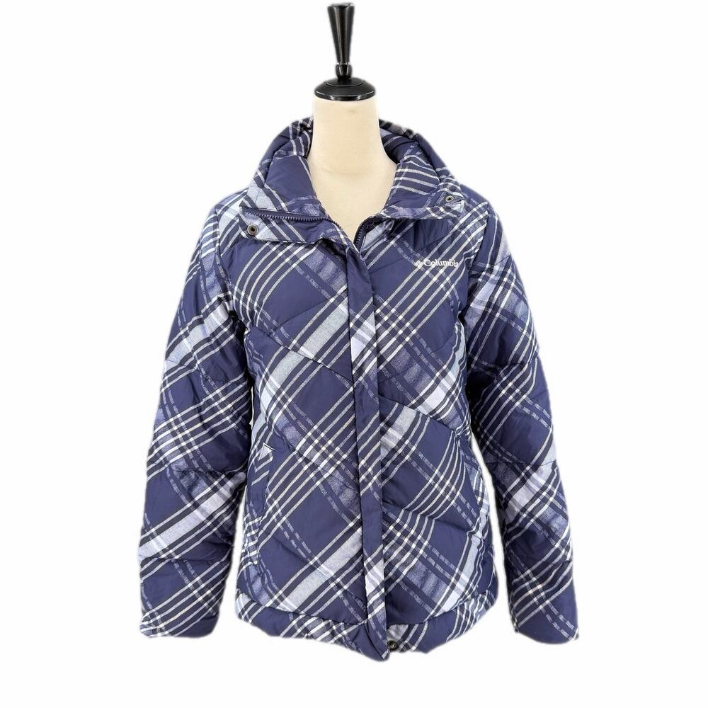 Columbia Girl's Youth Blue Plaid Puffer Zip Up Waterproof Warm Down Winter Coat